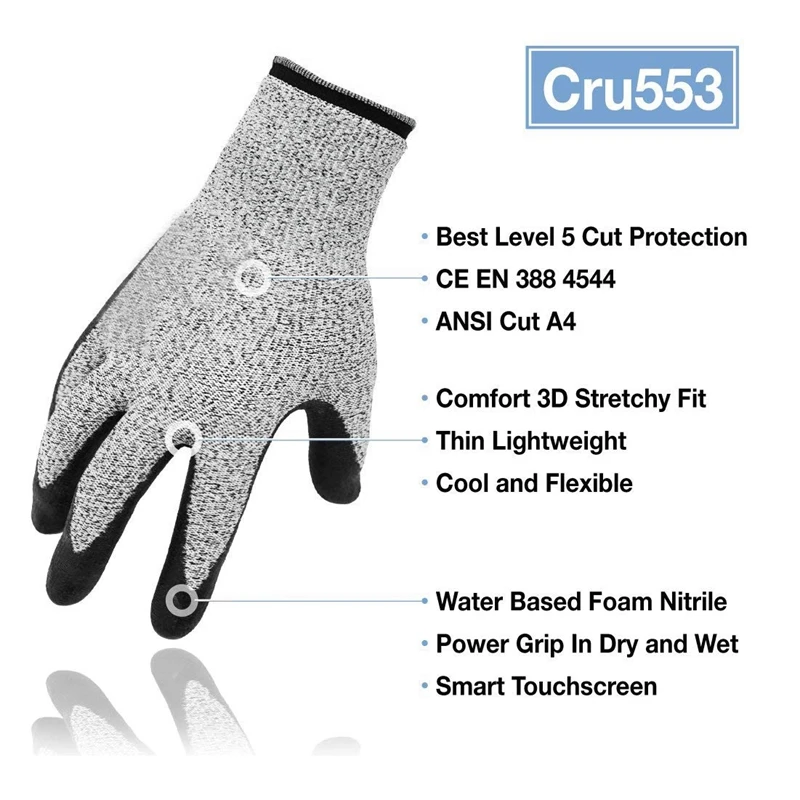 Promotion! 2 Pair Level 5 Cut Resistant Gloves 3D Comfort Stretch Fit Durable Power Grip Foam Nitrile Pass Fda Food Contact S |