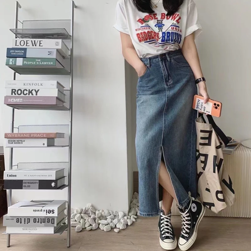 

Casual Cowgirl Skirts Summer New Simple Retro Blue Front Slit Long A Line Women's Denim Skirt Washed Worn Wild High Waist Skirt
