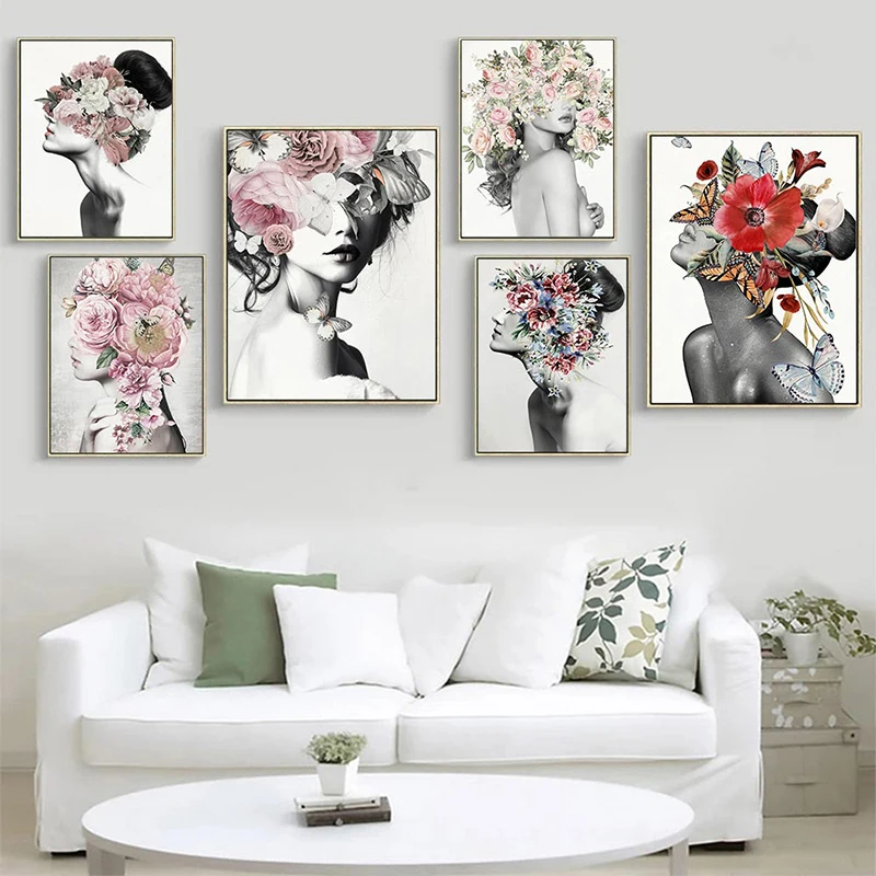 

Fashion Women Head Flower Wall Art Poster Butterfly Art Prints Sexy Girls Canvas Painting Pictures Modern Living Room Home Decor