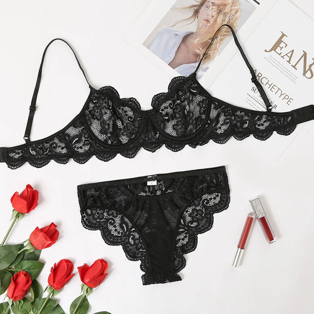 

Flower Lace Hollow Sexy Lingerie Ladies Erotic Bra Panties Two Pieces Set Womens Perspective Underwear Suit With Steel Ring