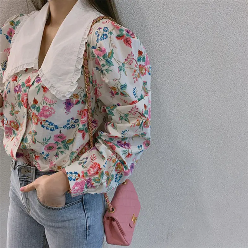 

Sweet Loose Gentle Printed Flowers Chic Casual Streetwear Vintage Stylish Tops Hot Femme Retro Shirts New Women Blouses
