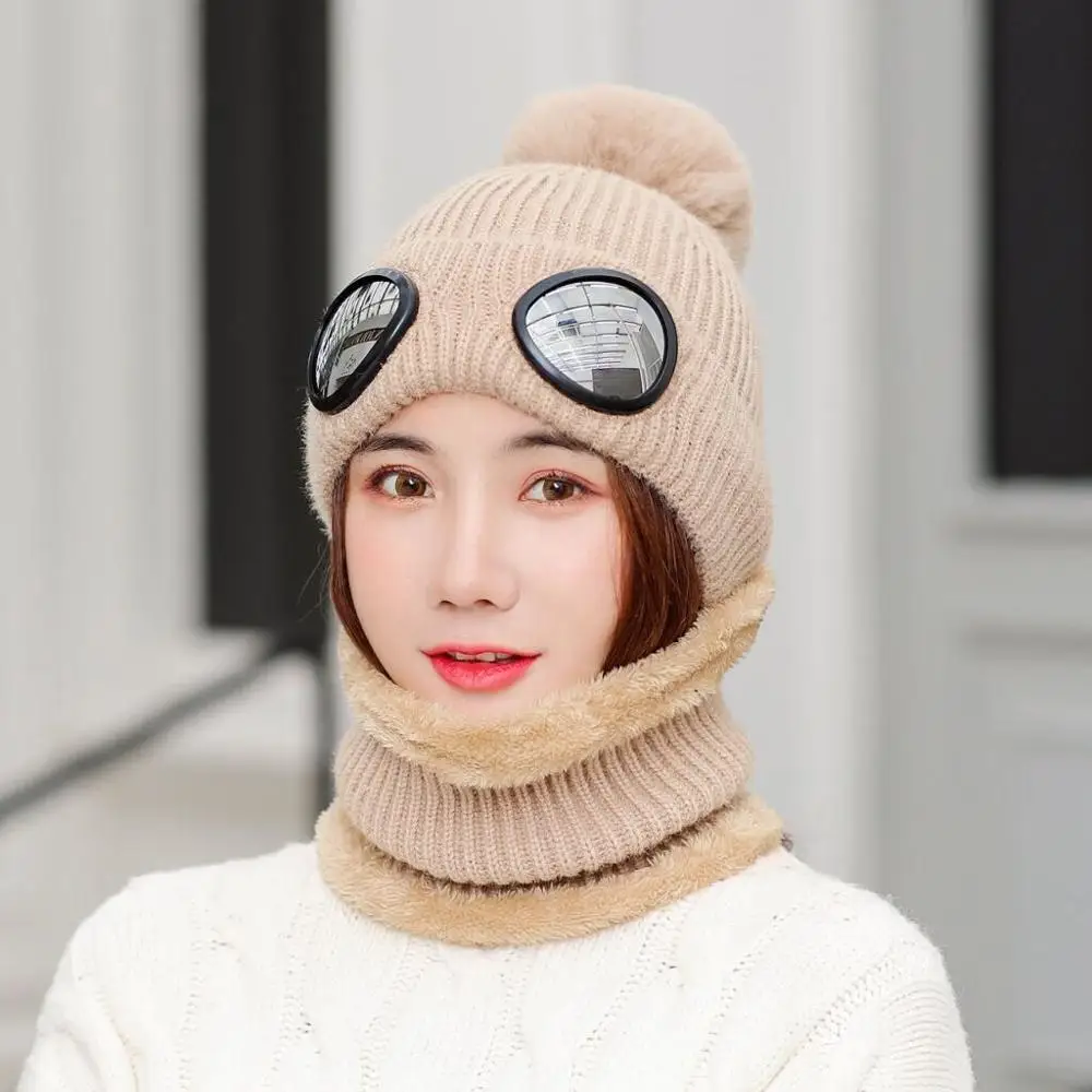 Шапочки Skullies Лыжная Шапка со Съемные очки для мужчин и женщин двойного назначения зимняя вязаная шапка мужская теплая шерстяная шапочки с шарфами набор - Цвет: Khaki