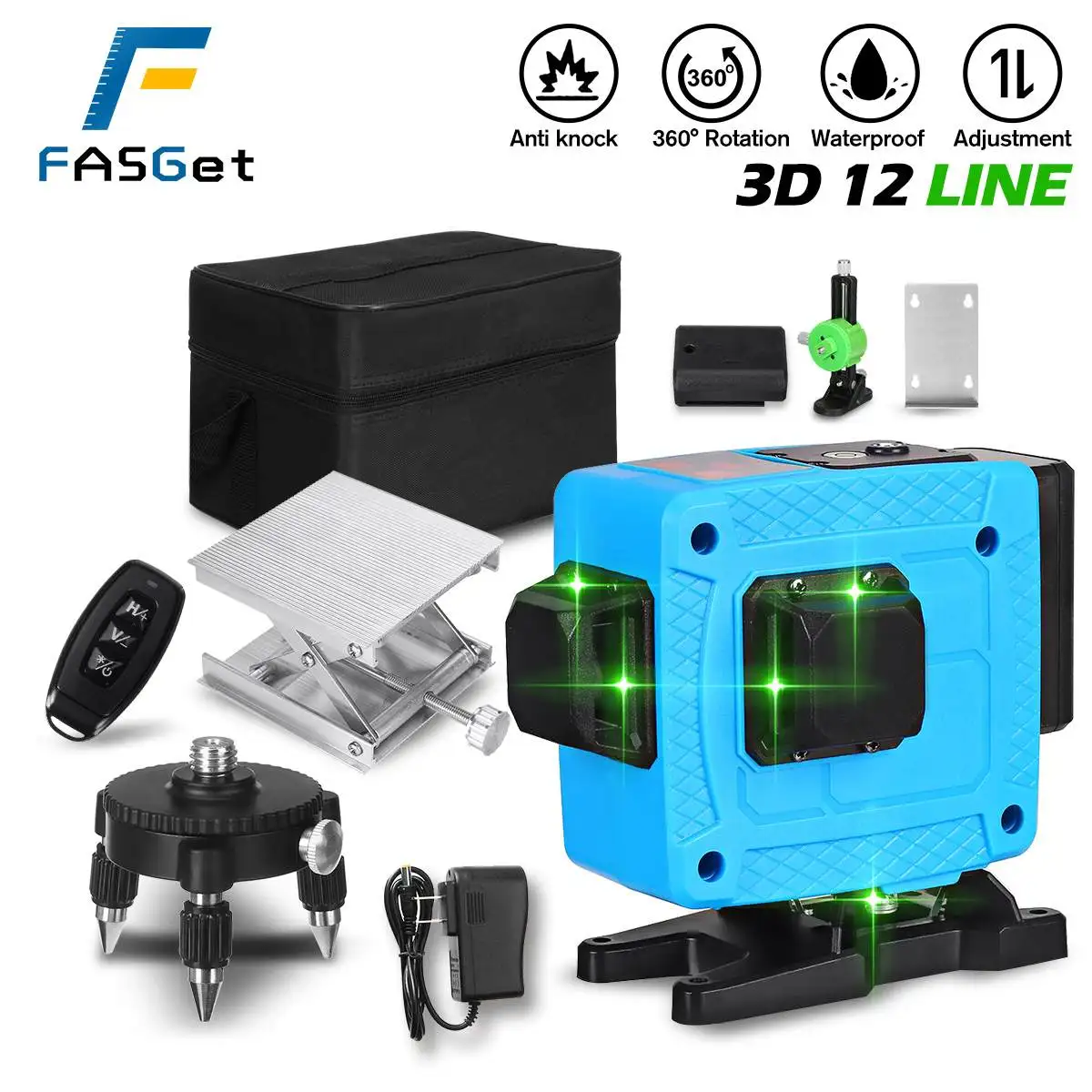 

FASGet 3D Green Light Laser Level 12 line 360° Horizontal Vertical Cross Self-Leveling 7mm Measure Super Powerful Laser Beam