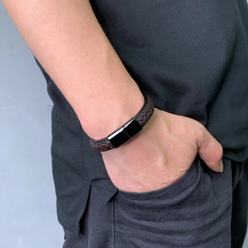 Кожаные браслеты для мужчин коричневый черный плетеный кожаный Шарм застежка из