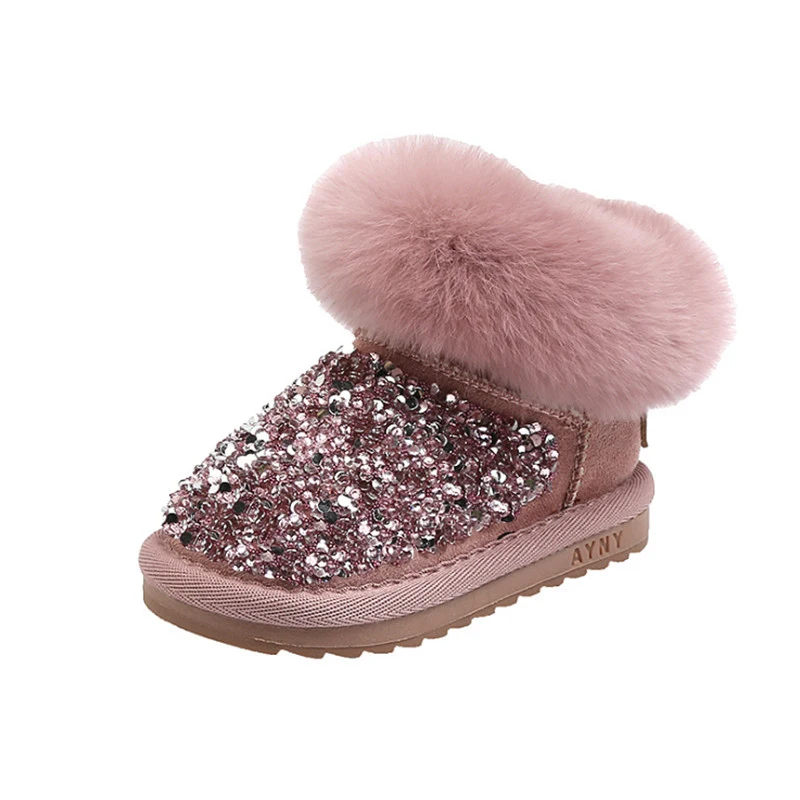2022 New Winter Children Snow Boots Rhinestone Warm Plush Zip Ankle Princess Little Girls Boots Fashion Toddler Baby Shoes