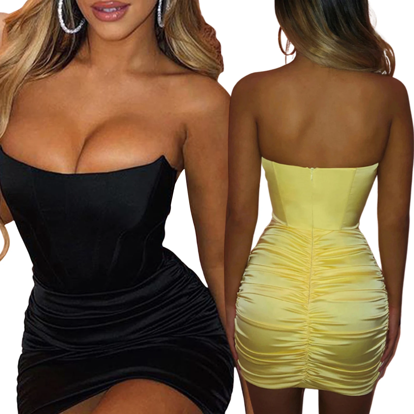 

2021 Summer New Style Fashion Womens Sexy Tube Tops Dress Classic Solid Color Off-the-shoulder Pleated Skinny Short Dress