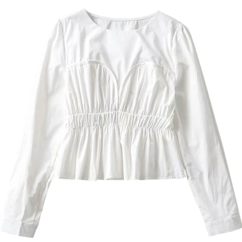 

Simple Solid Color round Neck Pullover Spring Vintage Ruffled Elastic Peplum Top Chest Shape French Style Long Sleeve Short