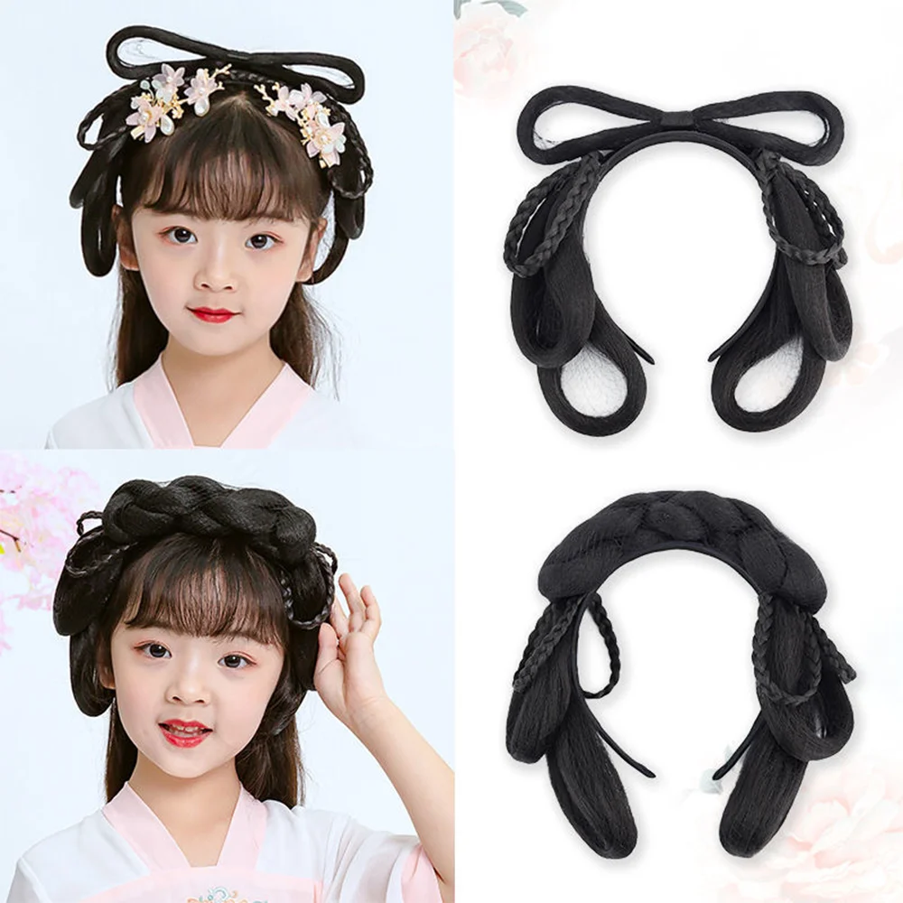 FGY Chinese Retro Style Headband Ponytail Black Long Straight Hair Retro Lady Cosplay Wig Daily Wear Halloween Dress Party Wig