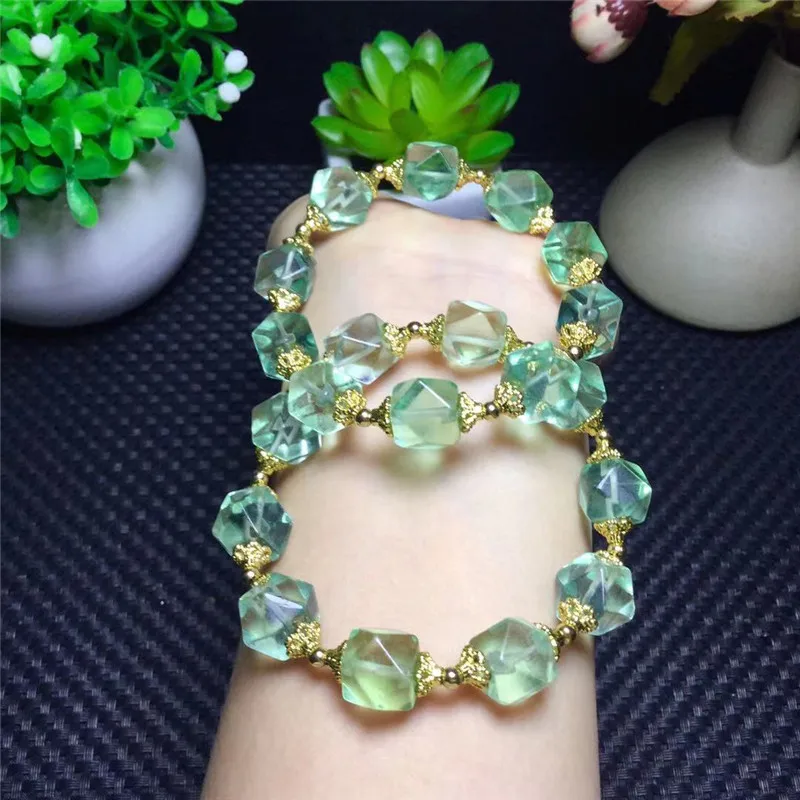 

Natural Green Fluorite Quartz Bracelet Gemstone Facet Cube Rectangle Beads Rare Women Men Jewelry Love