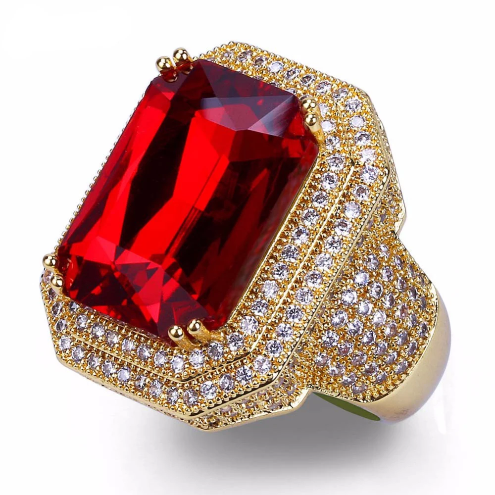 

New Fashion Gold Color Plated Red Rhinestone Finger Ring Iced Out Micro Pave CZ Stone Hip Hop Rock Punk Jewelry Rings Anillo
