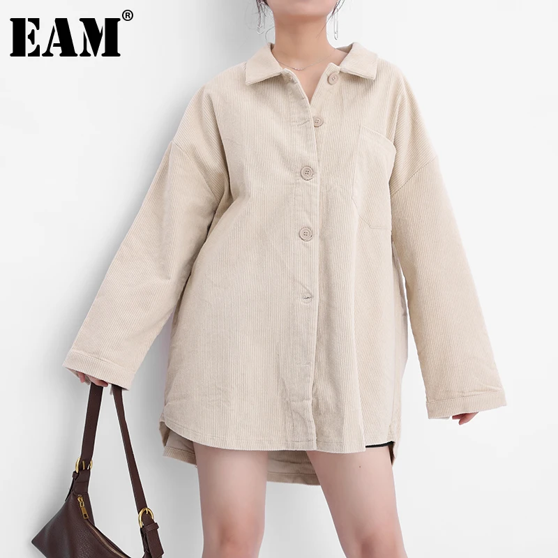 

[EAM] свободный крой, хаки, большой размер, длинная Вельветовая куртка, новая женская куртка с отворотом и длинным рукавом, модное пальто, весн...