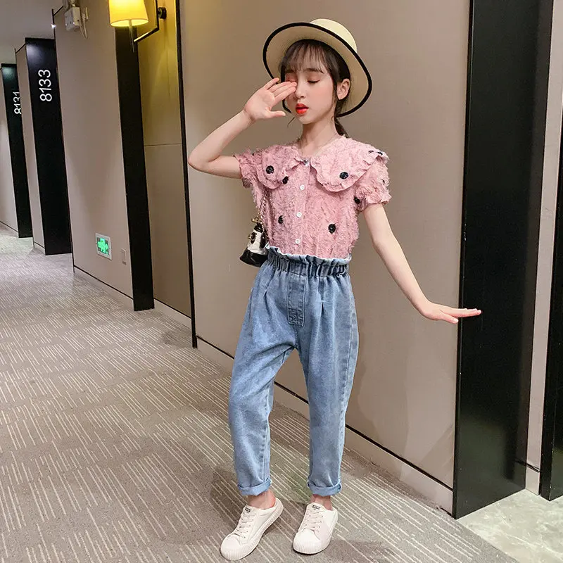 Teen Girls Clothing Solid Shirt &amp Pants Suits For Denim High Waist Clothes Set Spring Autumn Fashion Sets | Мать и ребенок