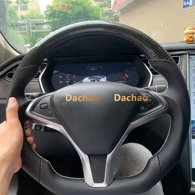 

Real Carbon Fiber Steering Wheel Fit For Tesla Model 3/Model Y/Model X/Model S Perforated Leather Customized Sport Racing Wheel