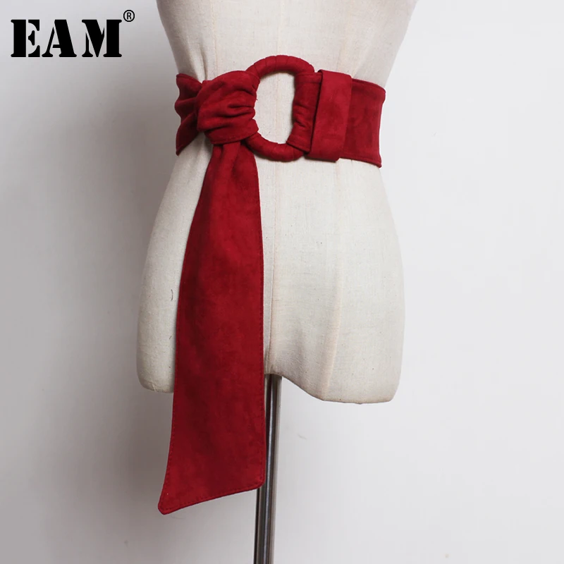 [EAM] винно-красный замшевый ремень с большой пряжкой и разрезом длинный широкий