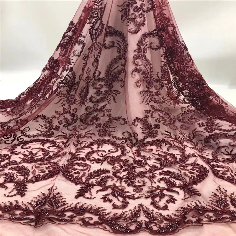 

Embroidery Beaded Lace Fabric African French Tulle Lace with Beads Champagne Color Handmade Beads Lace Fabrics for Women Dresses