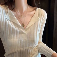 2021 autumn and winter western style new v neck top womens slim knit bottom top white wool sweater winter