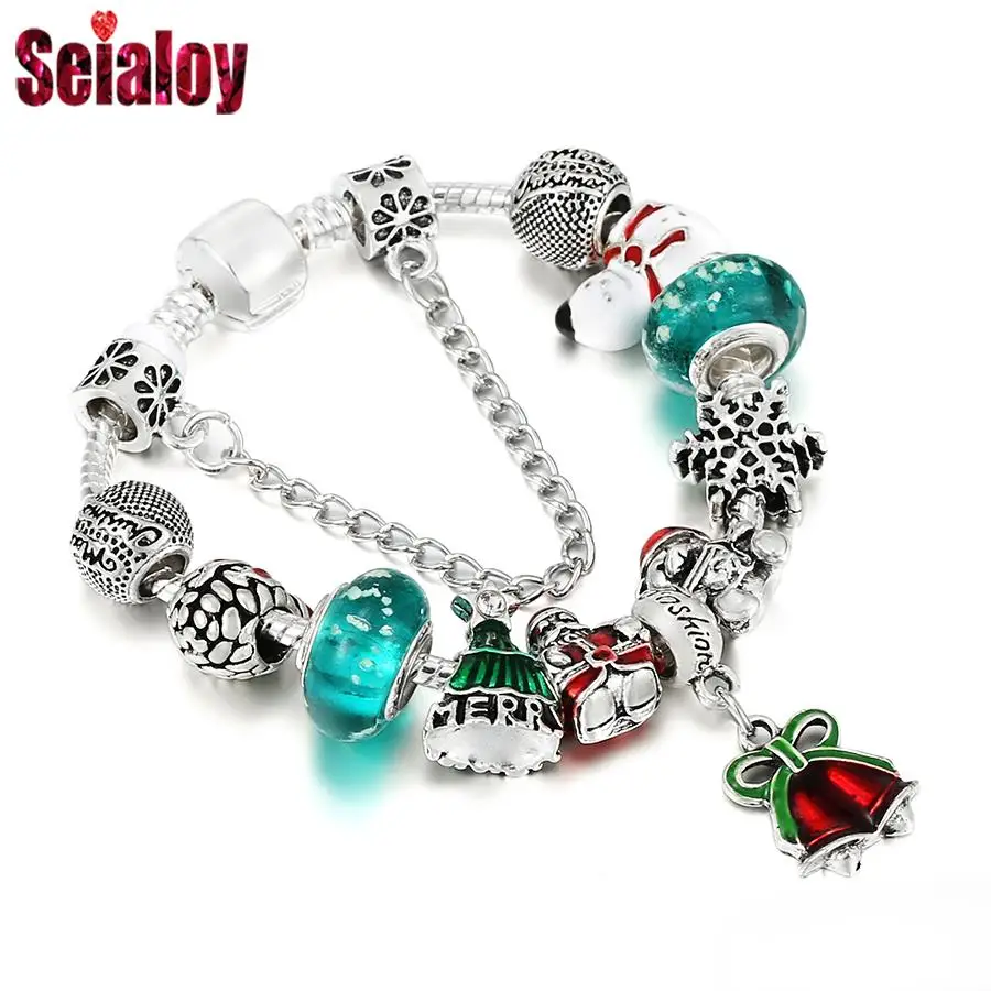 

Seialoy Fashion Green Christmas Tree Santa Claus Bell Charm Bracelets For Women Original Luminous Glass Bead Bead Bracelet Gifts