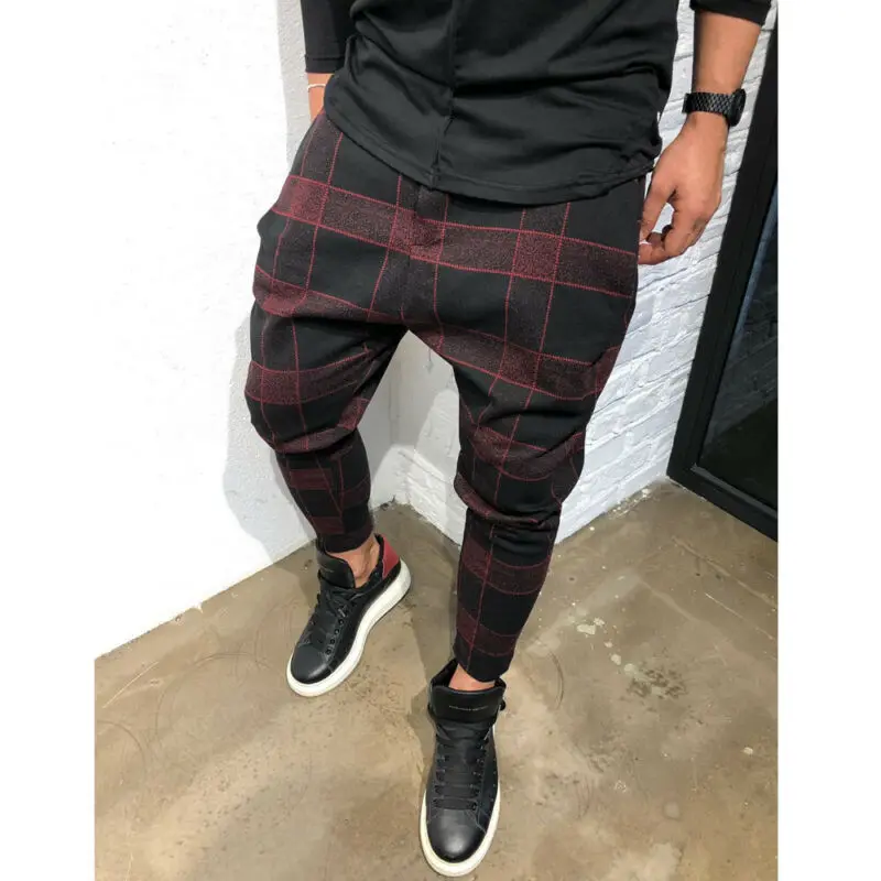 

Men's Casual Pants Slim Fit Urban Plaid Straight Leg Trousers Pencil Jogger Cargo Pants Elastic Waist Bottom with Pockets