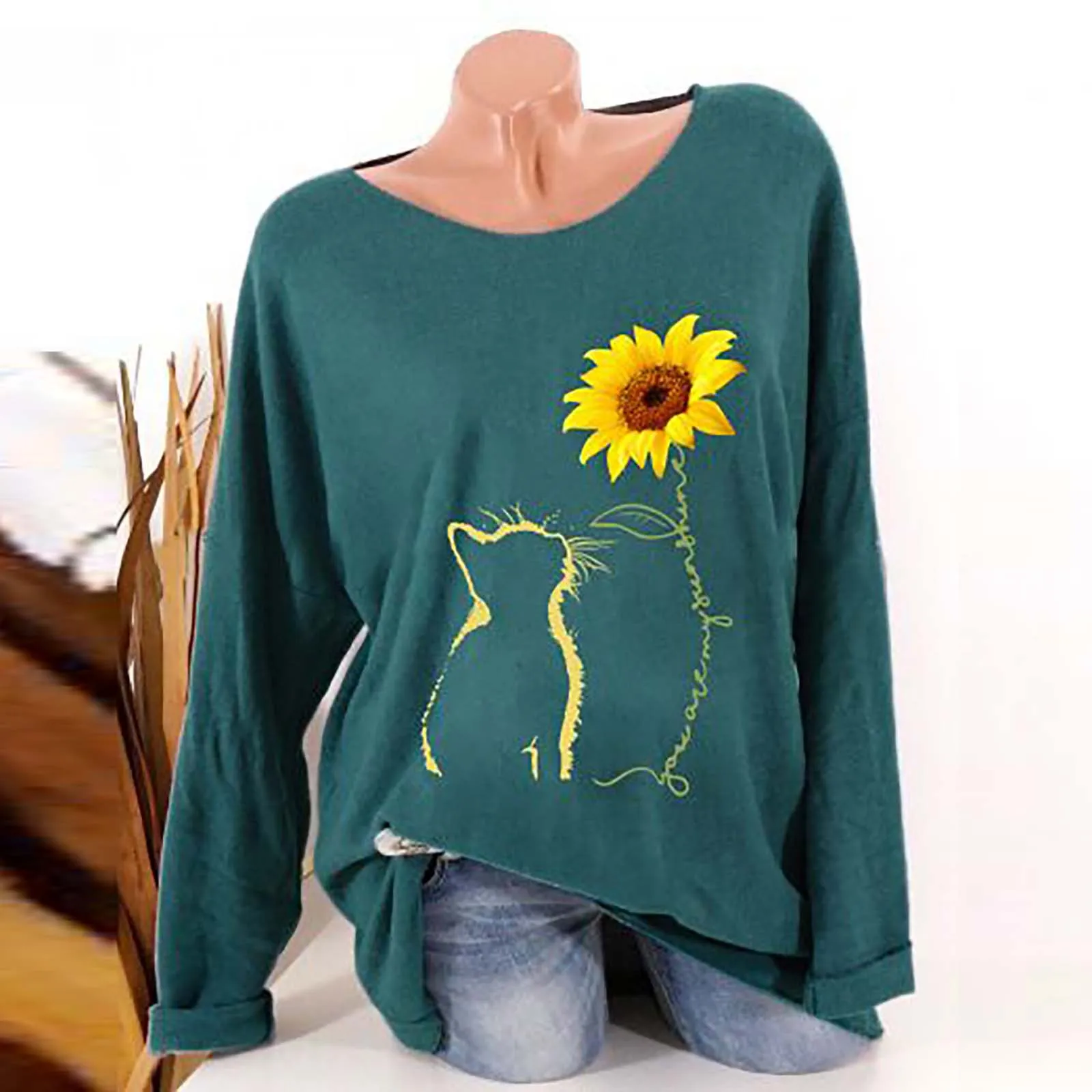 

Autumn Winter Tops Loose Cat Sunflower Print Soft T-shirt Causal Long SleeveTop Blouse Multi Color Ladies Pullover Jumper