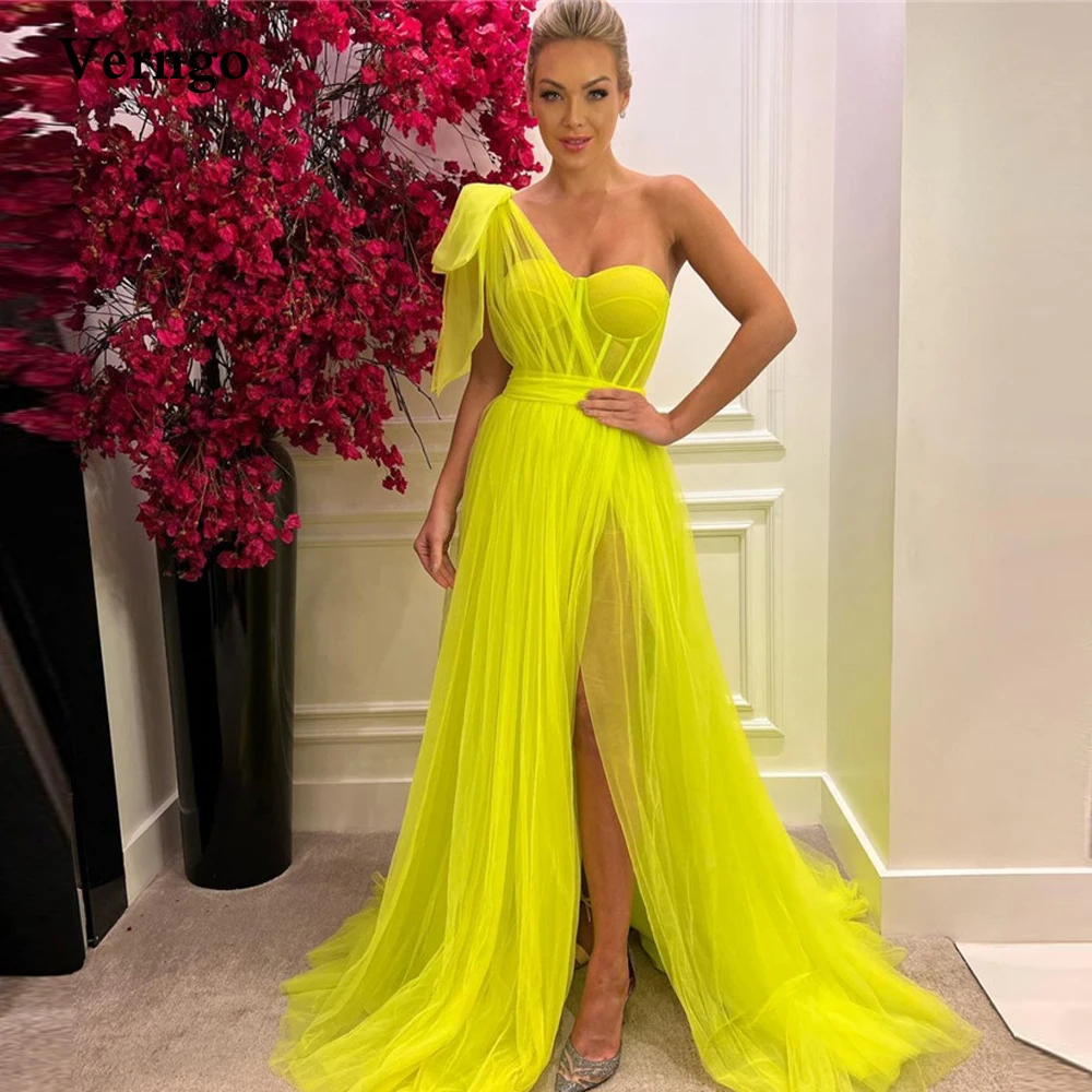 

Verngo 2022 Bright Neon Yellow Long Prom Dresses One Shoulder Side Slit Women Evening Gowns Stylish Party Occasion Dress