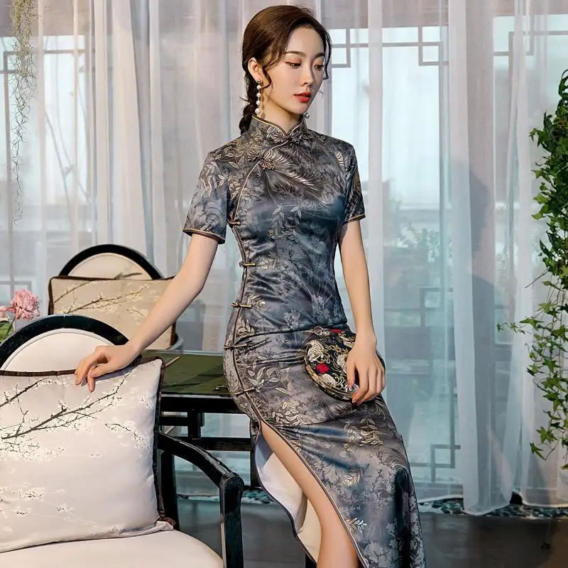 

Платье-Ципао женское с воротником-стойкой, элегантный классический приталенный длинный сарафан в традиционном китайском стиле, на пуговиц...