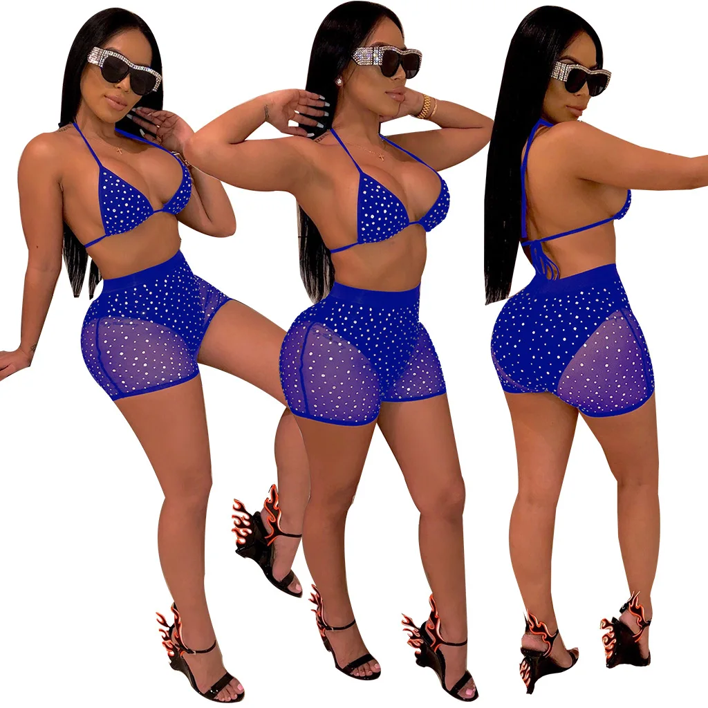 

3694 2019 Summer Swimsuit New European and American Women's Mesh Sequin Pant Suit Two-Piece Set Nightclub