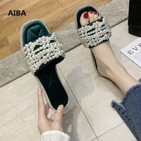 aiba new fashion women flat slippers with satin and pearl outside summer handmade bohemia crystal sandals open toe ladies shoes