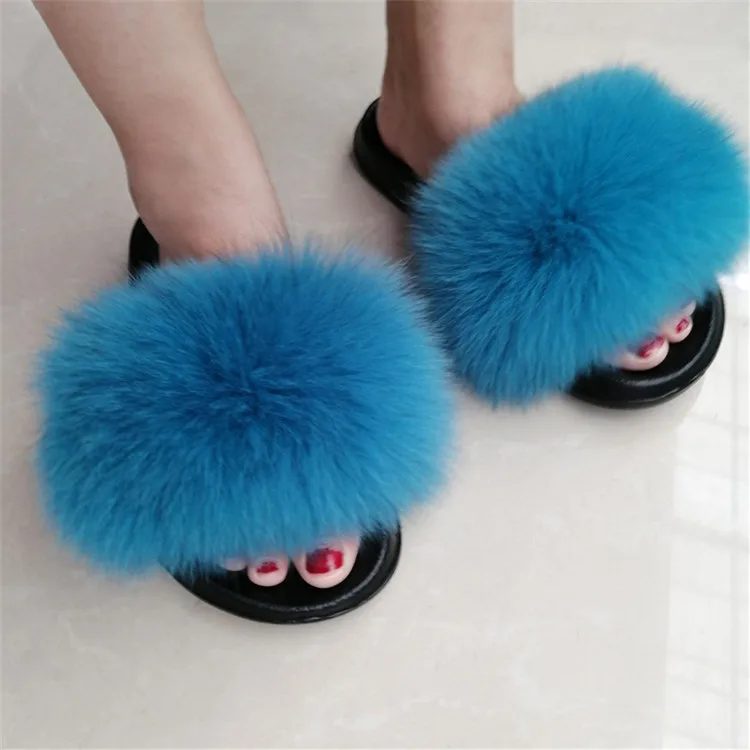 as pic shows 33 Women Fox Fur Slippers Real Fox Fur Slides Lovely Plush Slippers Woman Summer Home Sandals Women Fur Slides Furry Flip Flops Hot - Цвет: as pic shows 33