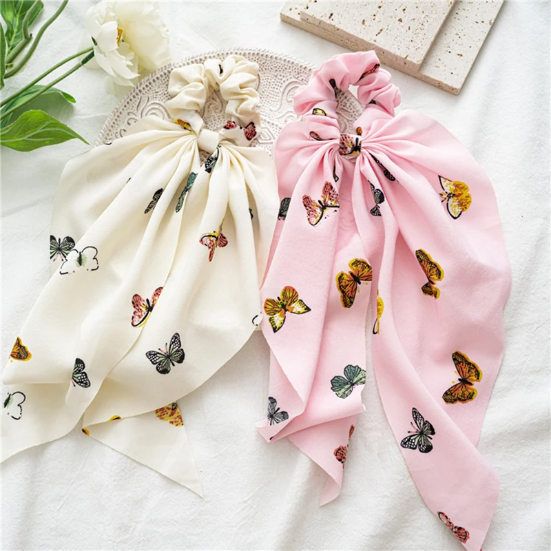 

Sweet Summer Chiffon Bow Hair Scrunchies Elastic Hair Band Butterfly Pattern Fashion Women Hair Accessories Long Streamer Ribbon