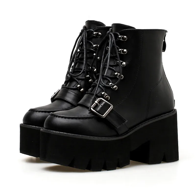 black shoes Gdgydh/ г. Модные женские ботильоны темно-черные женские полусапожки на шнуровке с круглым носком и пряжкой из мягкой кожи, Прямая - Цвет: black shoes