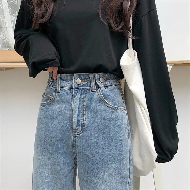 

HziriP Multi-button Adjustable Women Casual Slender Straight All Match Loose Large Size Feminine Jean Denim Full Length Pants