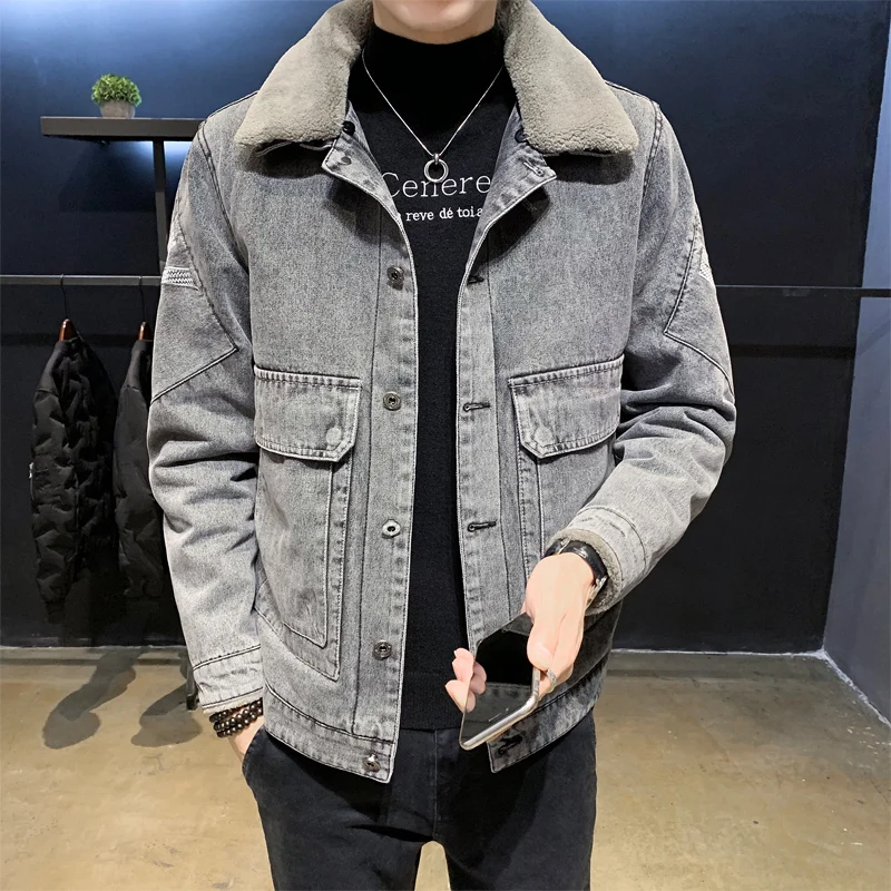 

Men New Gray Denim Jacket Trendy Winter Warm Fleece Coats Mens Outwear Fashion Jean Jackets Male Cowboy Casual Clothes