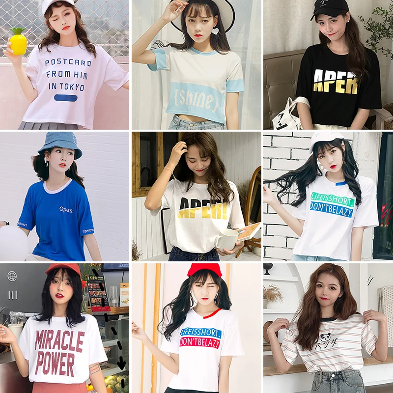 

Женская футболка с коротким рукавом, свободная простая летняя футболка в Корейском стиле с принтом, подчеркивает фигуру, базовая, с коротки...