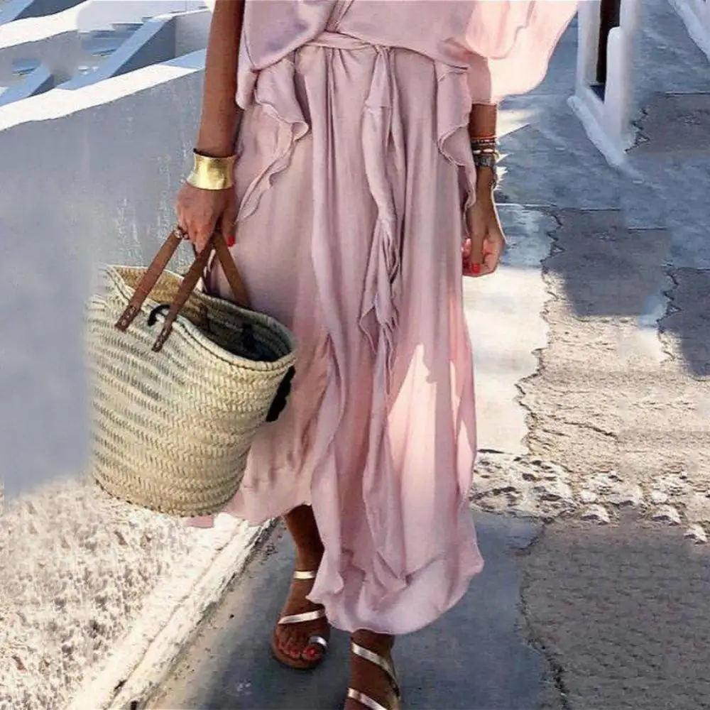 

50%HOT Boho Loose Solid Color V Neck Short Sleeve Ruffled Women Summer Beach Maxi Dress