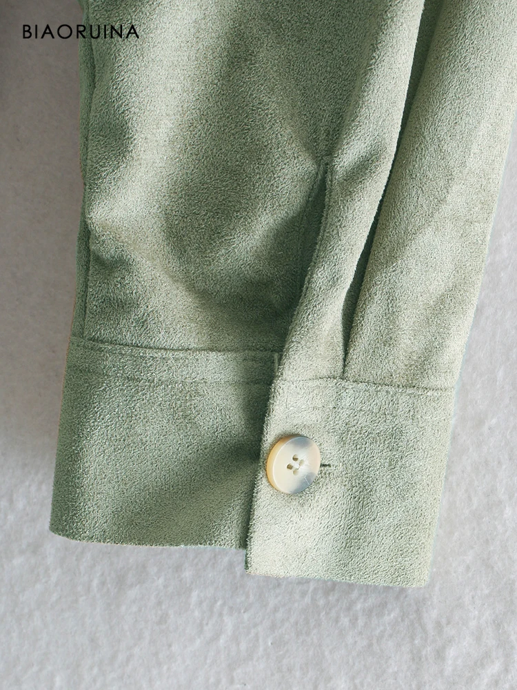 

BIAORUINA Women's Suede Single Breasted Green High Waist Elegant Slim Short Dress Turn Down Collar Female Sweet Dress Vestido