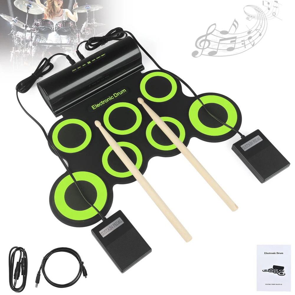Roll Up Electronic Drum Set 7 Silicon Pads Built-in Speaker with Drumsticks Sustain Pedal Support USB MIDI 2 Colors Optional