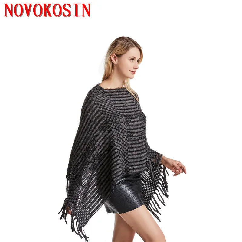 

2021 V Neck Women White Oversize Overall Pullover Triangle Tassel Black Long Sweater Autumn Winter Outstreet Knitted Poncho