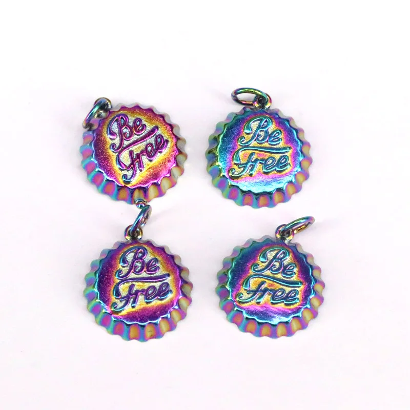 

10Pcs, 15mm Rainbow Enamel Be Free Word On Bottle Cap Shape Pendant,Gold Enamel Charm, Necklace Bracelet Charm Pendant