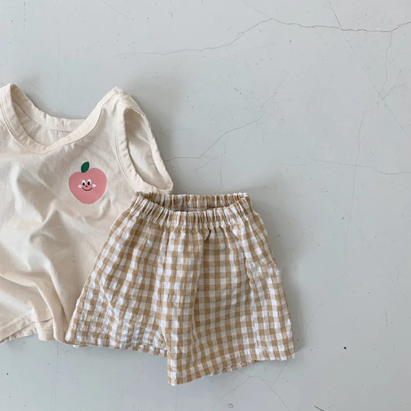 Korean Children's Clothing Set Thin Cotton Sleeveless Suit Baby Lemon Vest Plaid Shorts Two-piece 2020 Summer | Детская одежда и