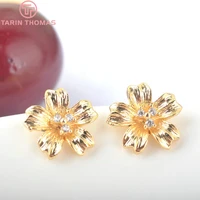 6 pcs flower 11 11 mm 24 k gold color brass with zirconia flower stud earrings pins high quality jewellery accessories