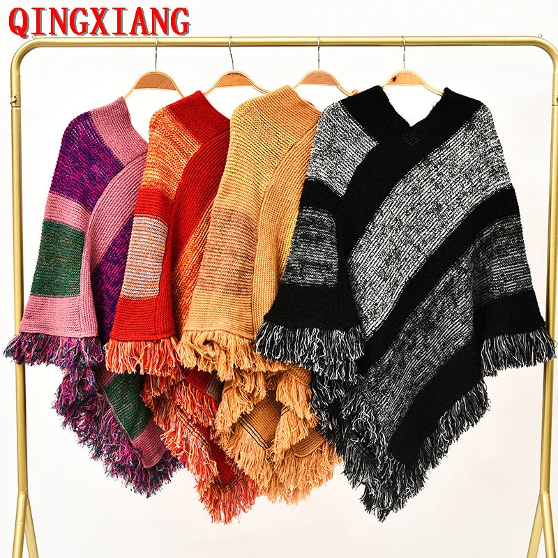 

4 Colors Women Striped Shawl Pullover V Neck Loose Soft Sweater Autumn Outstreet Knitwear Cloak Knitted Tassel Poncho Cape