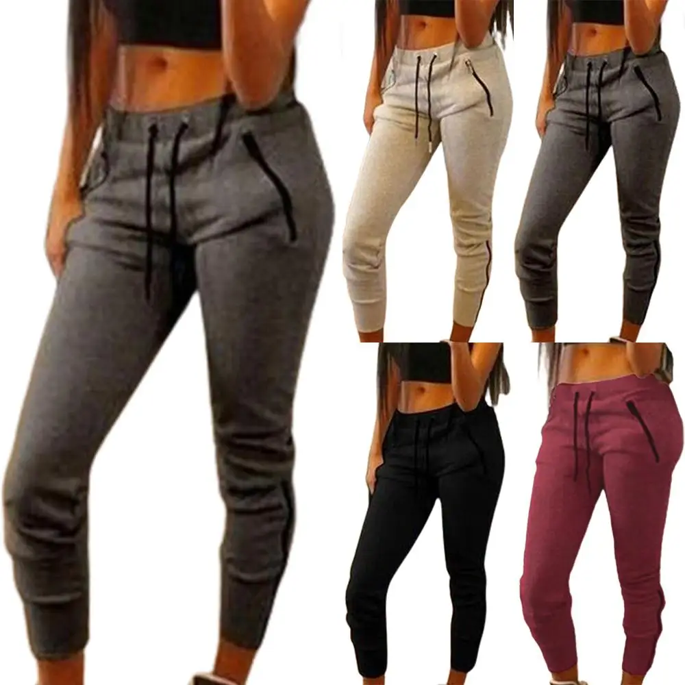 

Solid Color Zip Pocker Jogger Pants Women Lace Up Ankle Long Trousers for Sport Gym