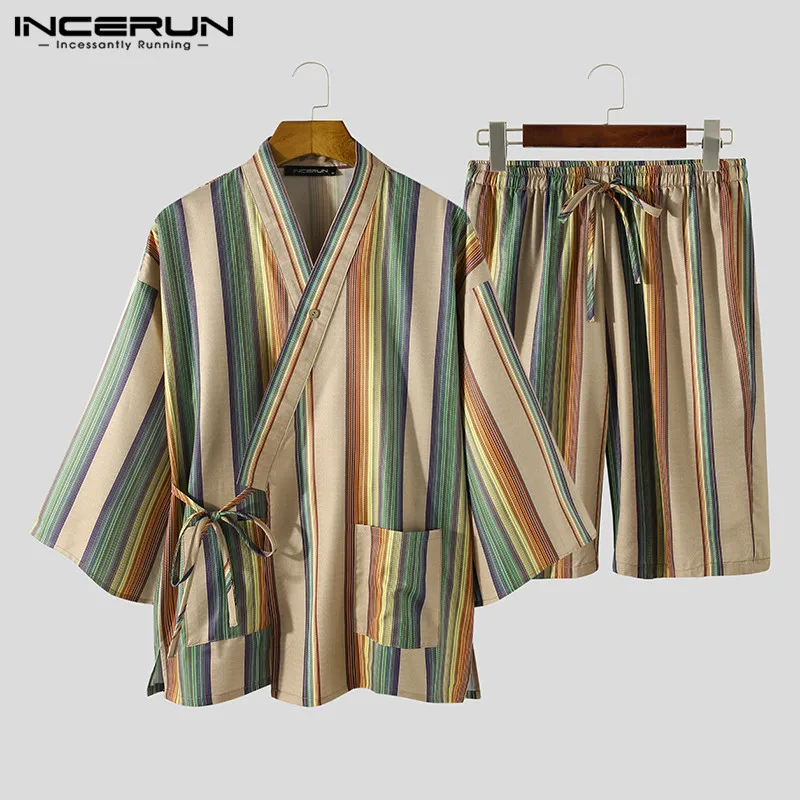 

Men Striped Pajamas Sets V Neck 3/4 Sleeve Sleepwear Casual Kimono Shorts Homewear Leisure Mens Nightwear Suits 2 Pieces INCERUN