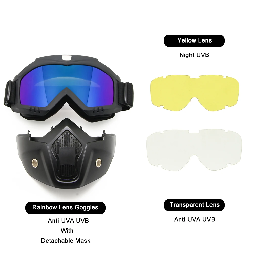 

Motor-Cycle Goggles Mask Detachable Helmet Sunglasses Exchangeable 3LS Kit Protect Padding Night Vision Road Racing UV Glasses