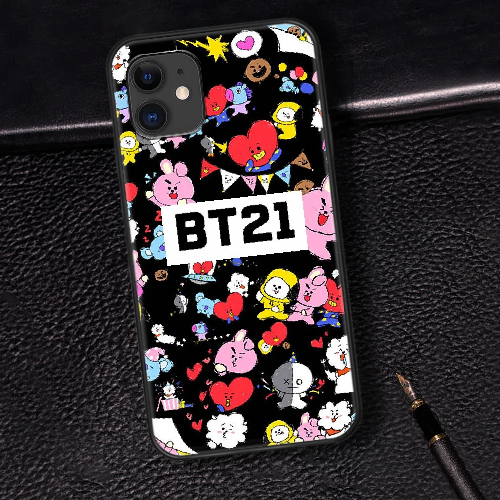 

Cute Cartoon BT21 Phone Case For Iphone 5 5S SE 2020 6 6S 7 8 Plus 11 12 Mini X XS XR Pro Max black Etui Silicone Cover Soft