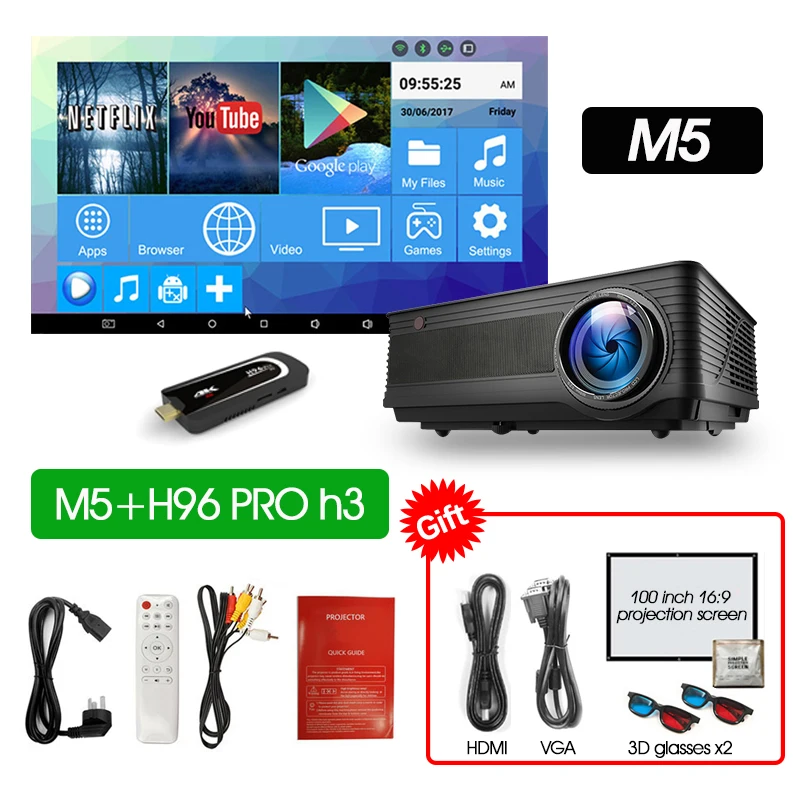 M5 H96PROH3 ALSTON M5 M5W Full HD 1080P проектор 4K 6500 люмен кинопроектор проектор Android WiFi Bluetooth hdmi VGA AV USB с подарком - Цвет: M5 H96PROH3