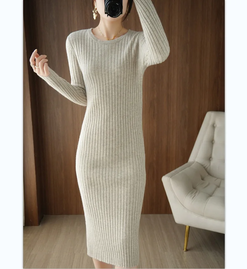 

New Arrival Autumn Winter Crewneck Sweater Long Dress Black Pullover Office Lady Solid Vestido Midi Elegante Knitted Lady Dress