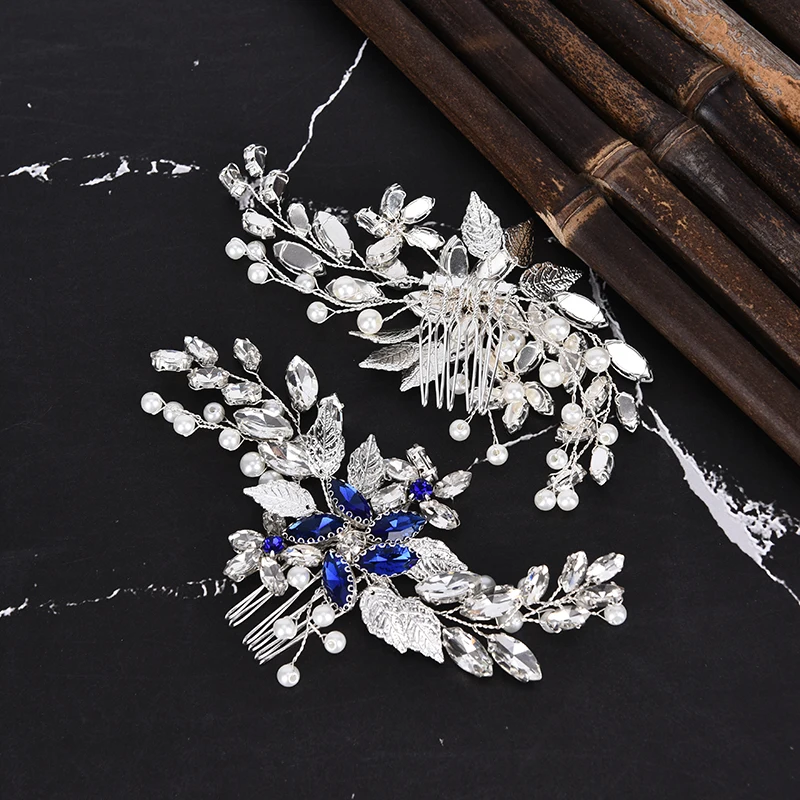 Расчески для волос в виде листьев серебро/синий кристалл свадебные аксессуары