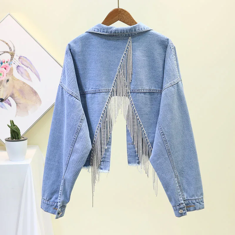 

Denim Jacket For Women Fashion Tassel Diamond Hollow Short Jean Coat Loose Female's Spring Autumn Denim Coats