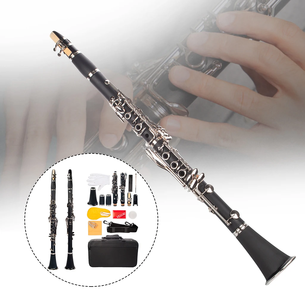 Black ABS Clarinet Bb Cupronickel Plated Nickel 17 Key with Cleaning Cloth Gloves Screwdriver Woodwind Instrument enlarge